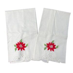Vintage Christmas Linen Tea Towel Hand Embroidered Embellished Chrysanthemums u